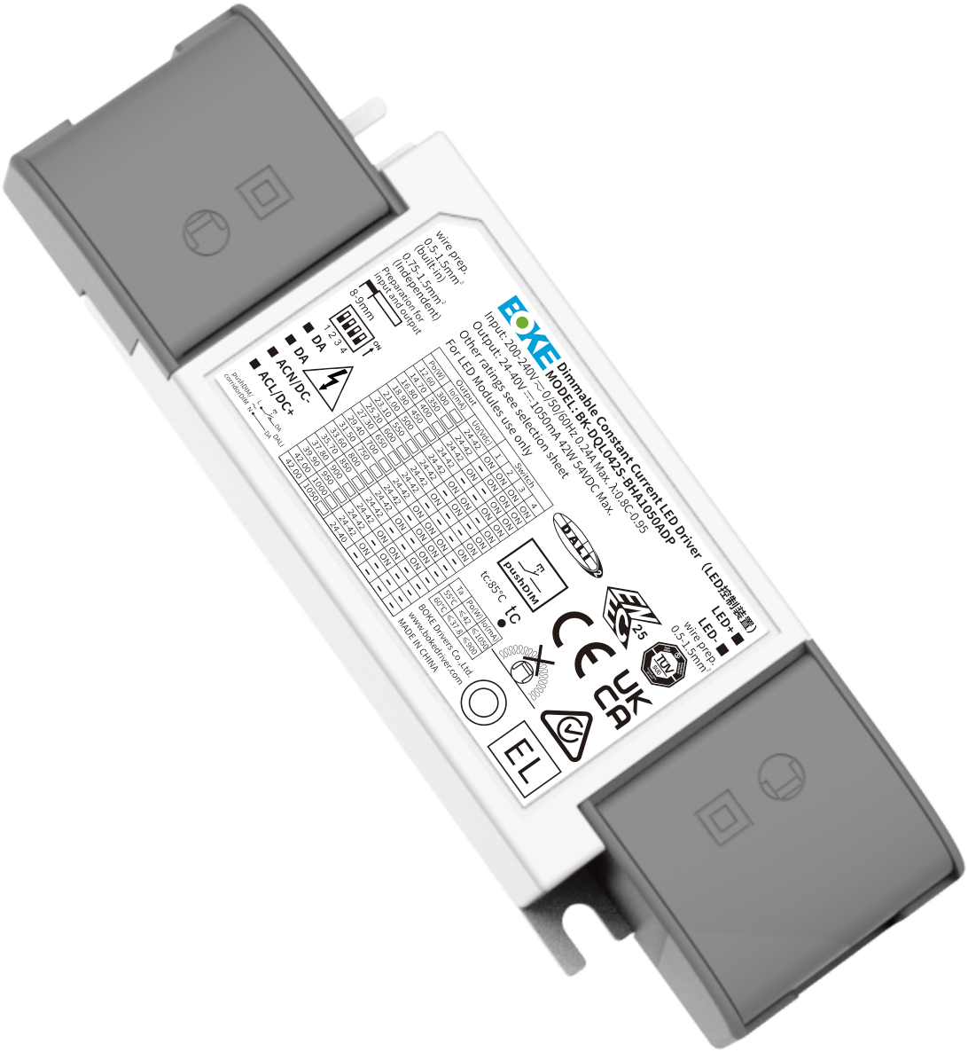 BOKE BK-DQL042S-BHA1050ADN 42W 100–1050mA DALI-2 & pushDIM NFC-Programmable Dimmable Constant Current LED Driver