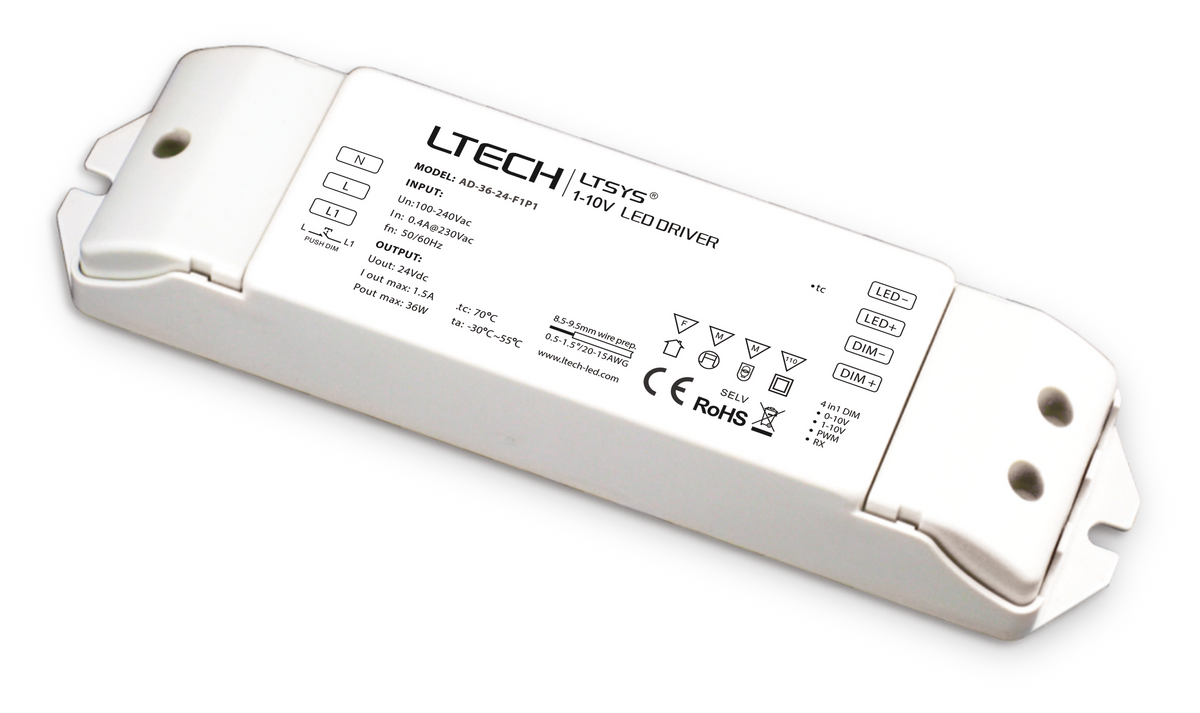 LTECH 36V Constant Voltage LED Driver AD-36-24-F1P1 | 1-10V Dimmable