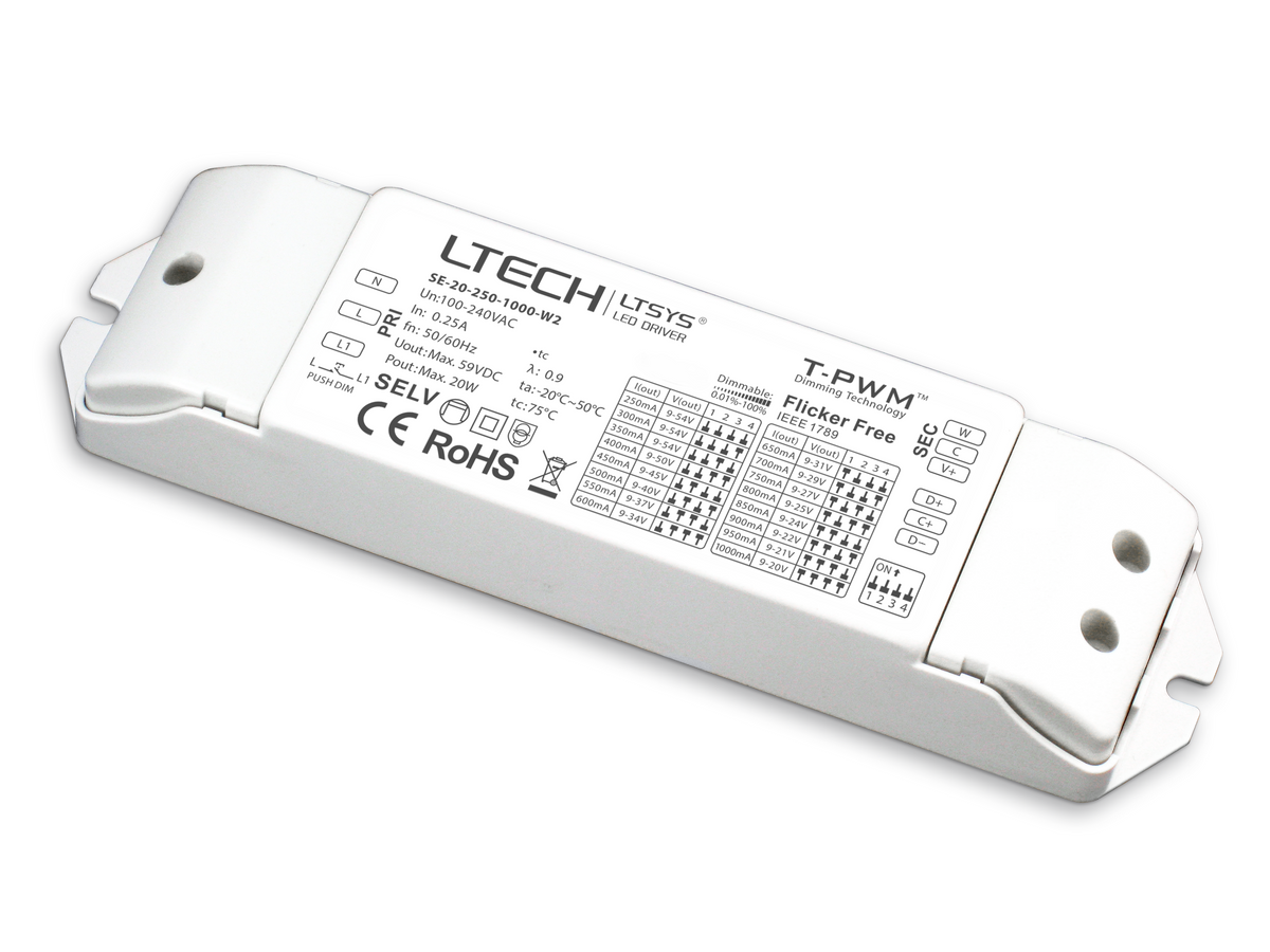 LTECH 20W 250-1000mA Constant Current LED Driver SE-20-250-1000-W2A2 | 1-10V Dimmable