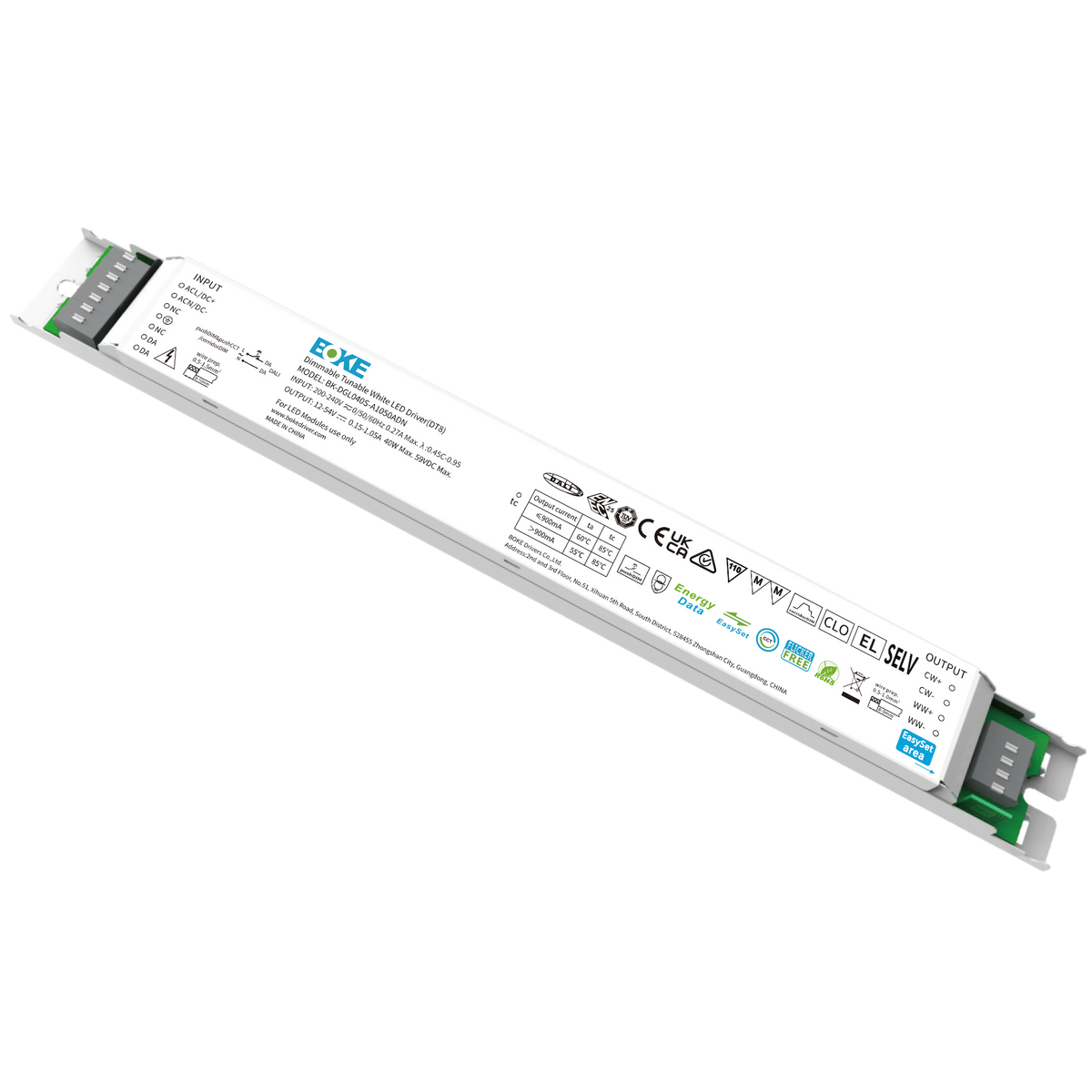 BOKE BK-DGL040S-A1050ADN 40W 150–1050mA DALI-2 DT8 Tunable White LED Driver