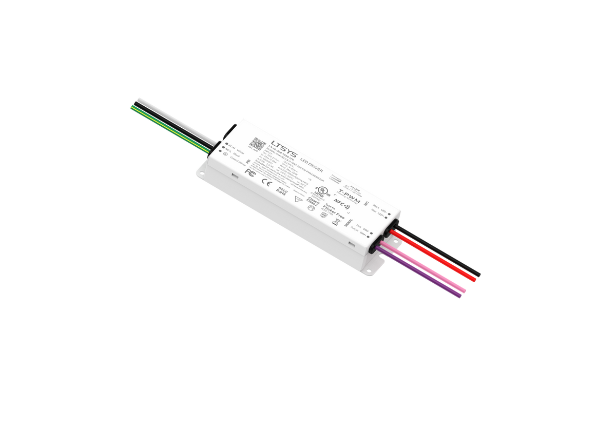 A LA-30-200-1050-U1L DC-DC power supply module with a white rectangular body, featuring green, black, red, and purple output wires, shown on a solid white background.