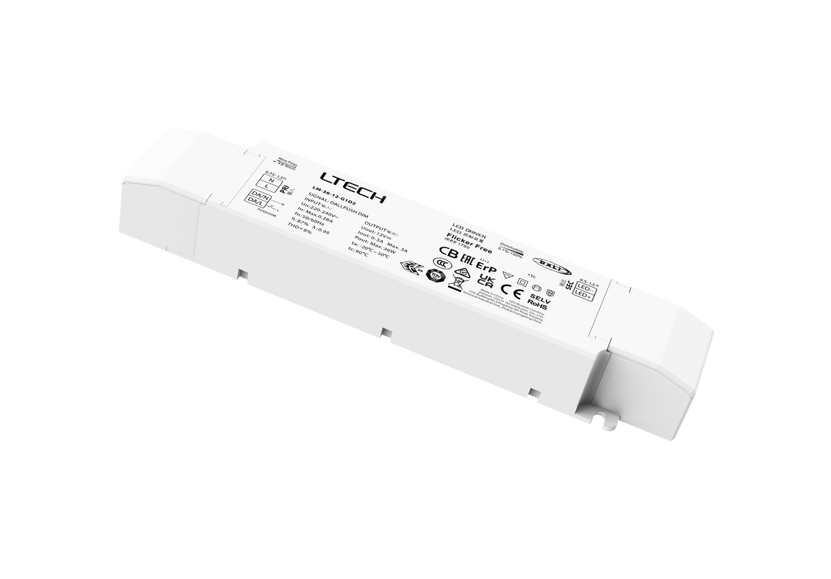 LTECH LM-36-12-G1D2 36W 12V DALI-2 & Push DIM Constant Voltage LED Driver